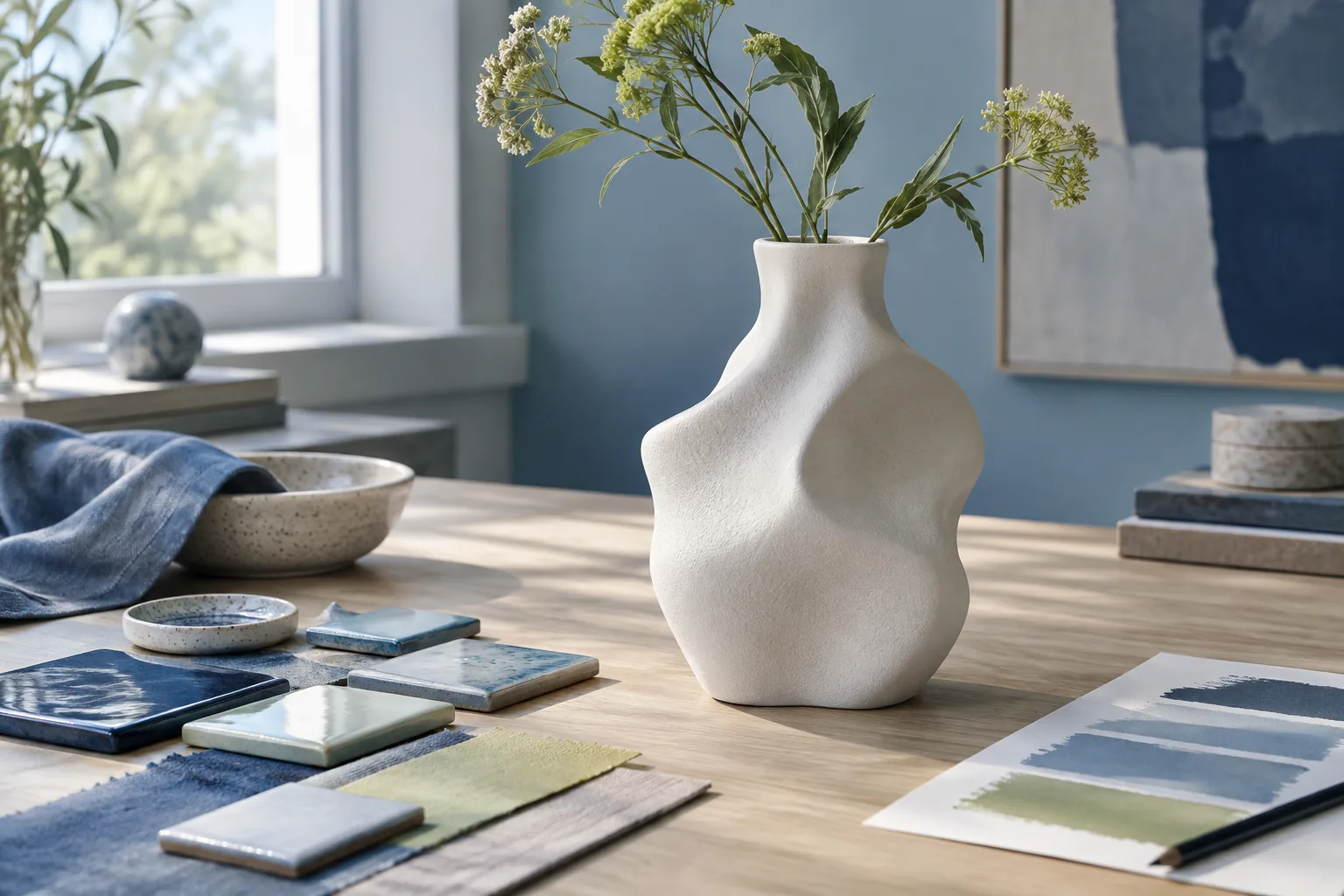 White sculptural vase with ceramic glaze and blue paint swatches
