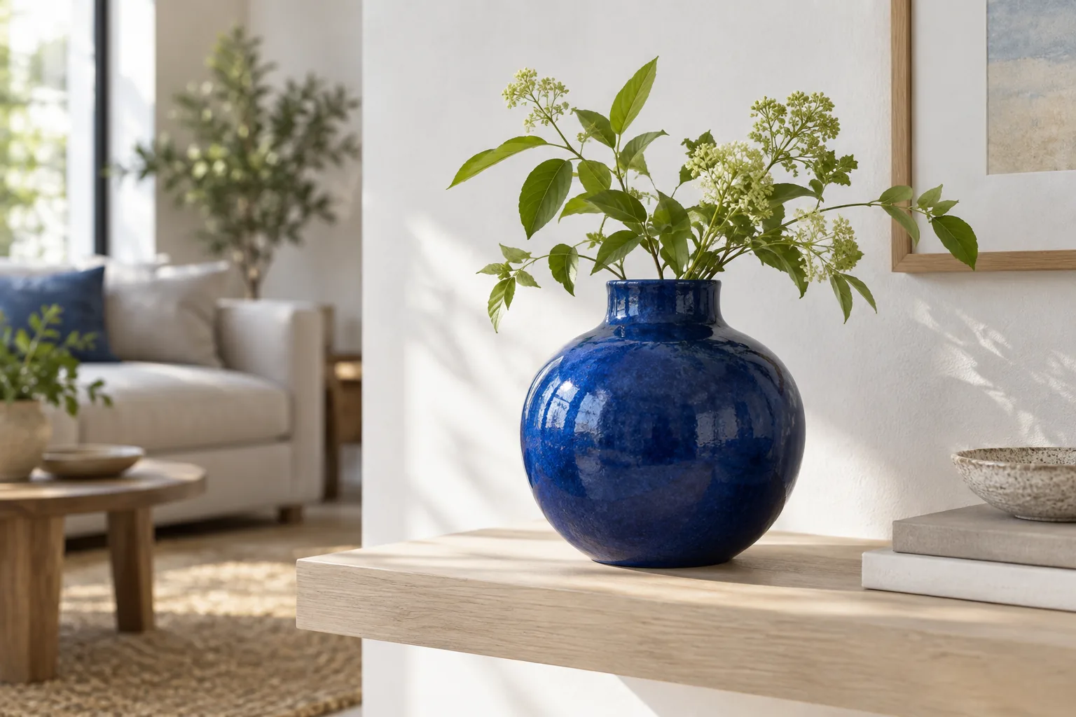 Deep-blue round ceramic vase on a pale timber shelf.