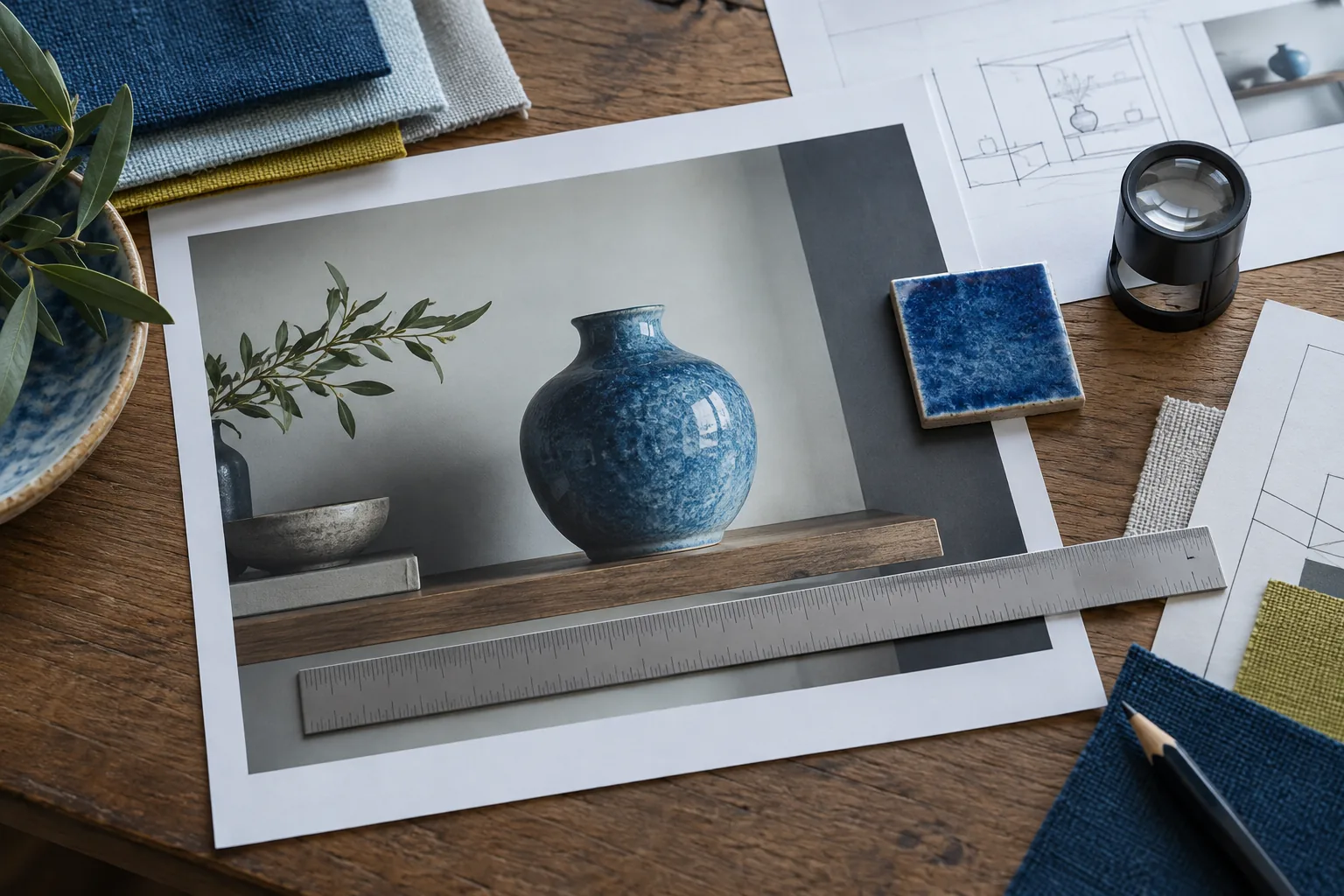 Vase-in-room print reviewed with a glaze sample, ruler, and loupe.