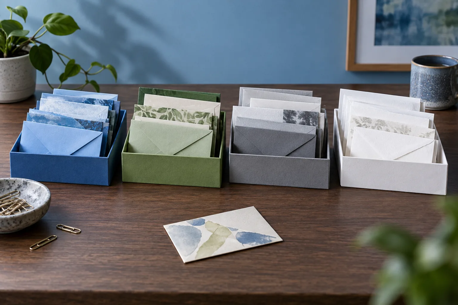 Envelopes sorted into four pockets with one card set aside