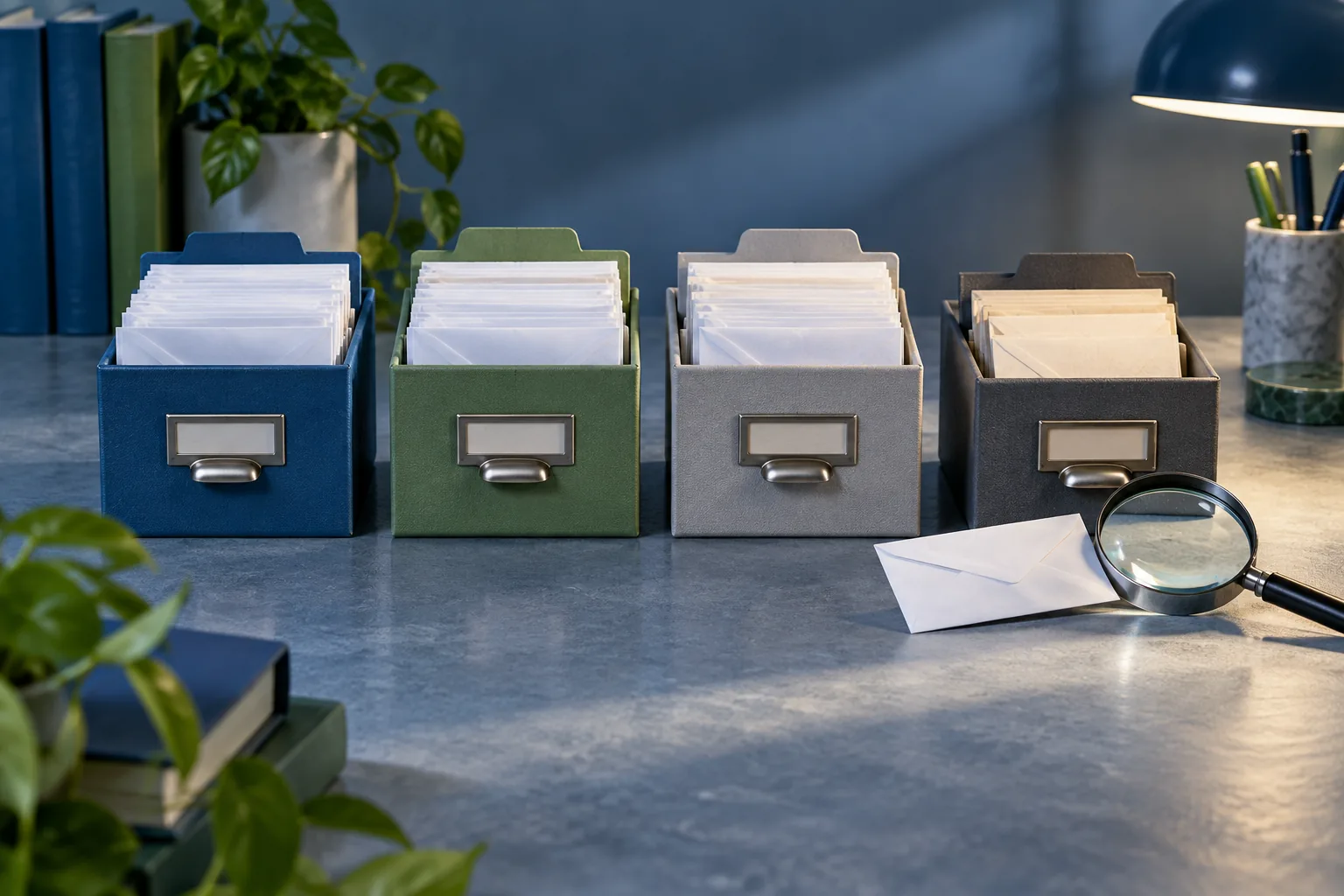 Three organized mail groups and an uncertain envelope beside a magnifying glass.