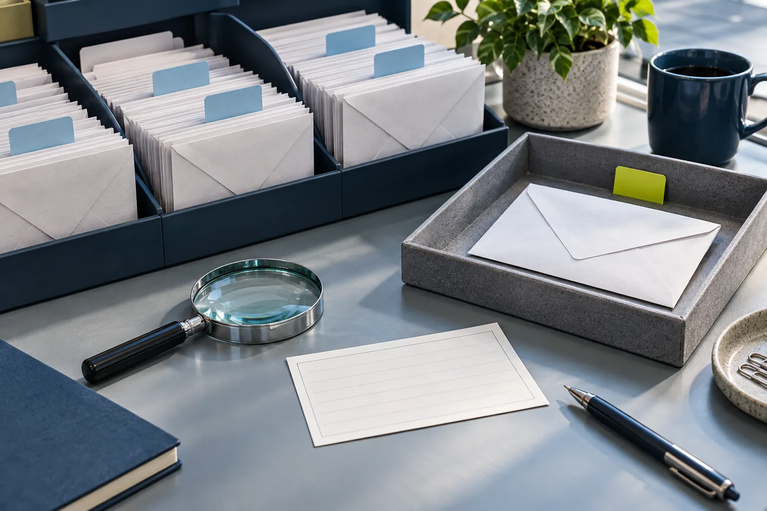 Sorted envelope samples with one uncertain item in a review tray.
