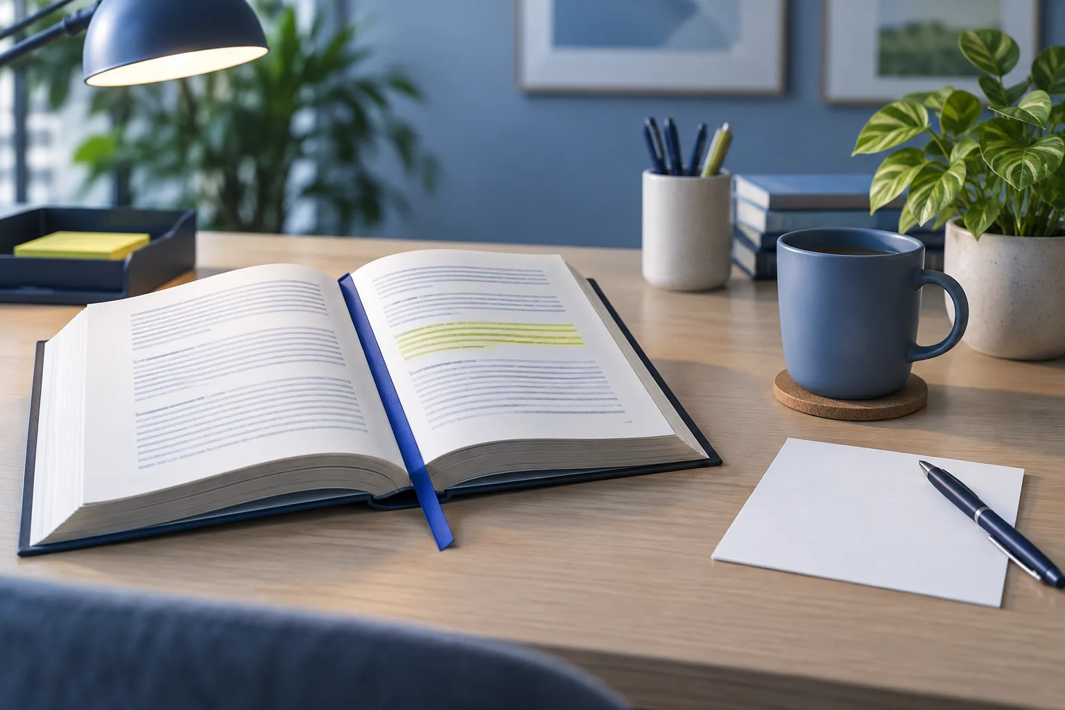 Open handbook, blue bookmark and blank reply card
