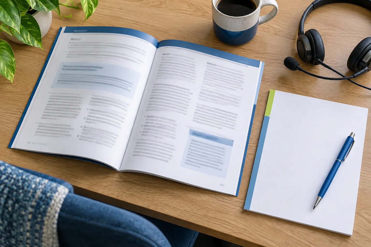 Policy booklet under a blue reading guide beside blank stationery and a headset.