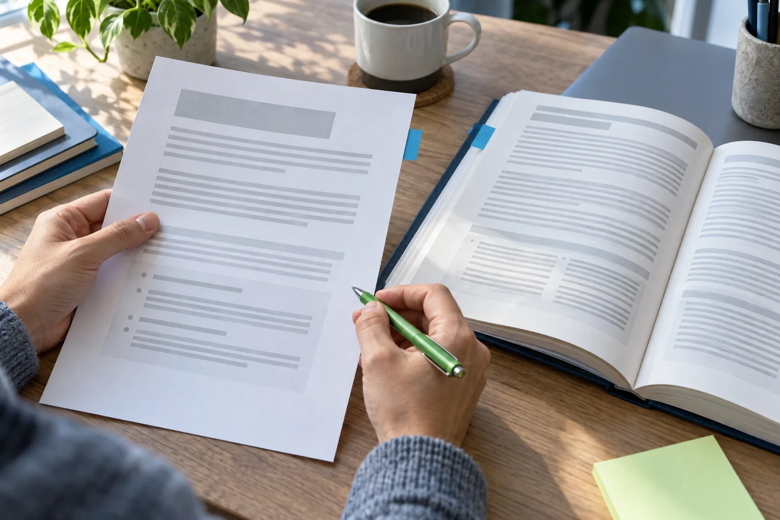 A reviewer compares a reply proof with a tabbed policy handbook.