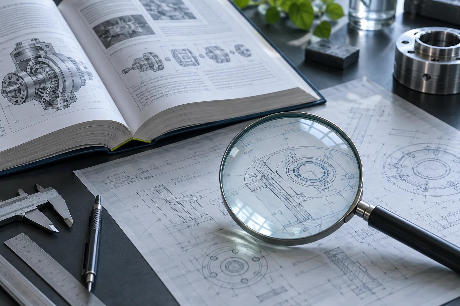 虫眼鏡の下にある工学書と機械図面