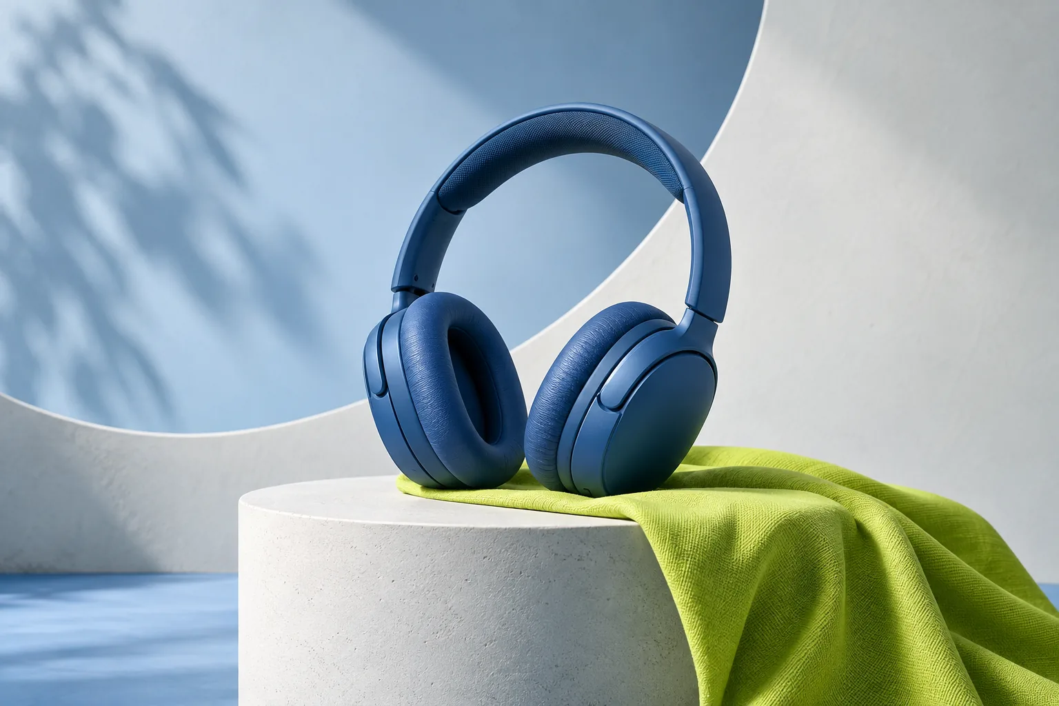 Blue headphones on a plinth with lime fabric