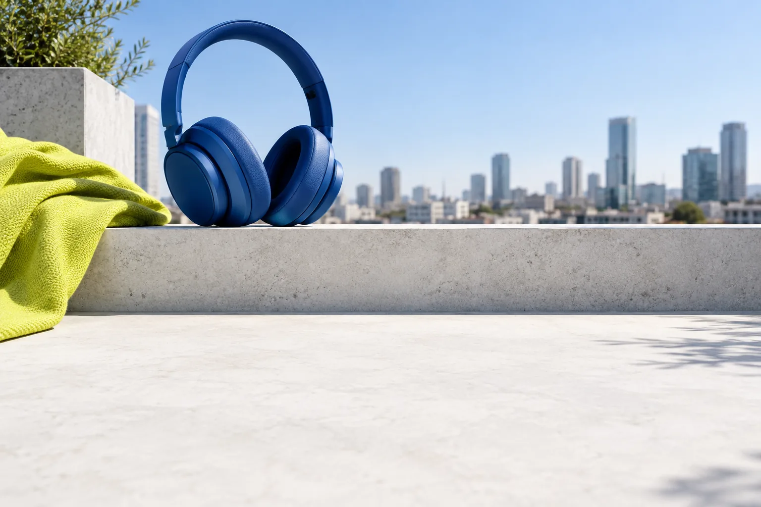 Blue headphones high in a rooftop scene with empty concrete foreground.