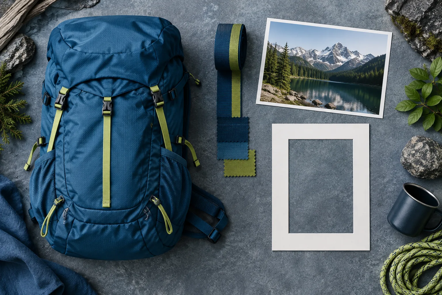 Blue hiking backpack, strap sample and portrait crop mat