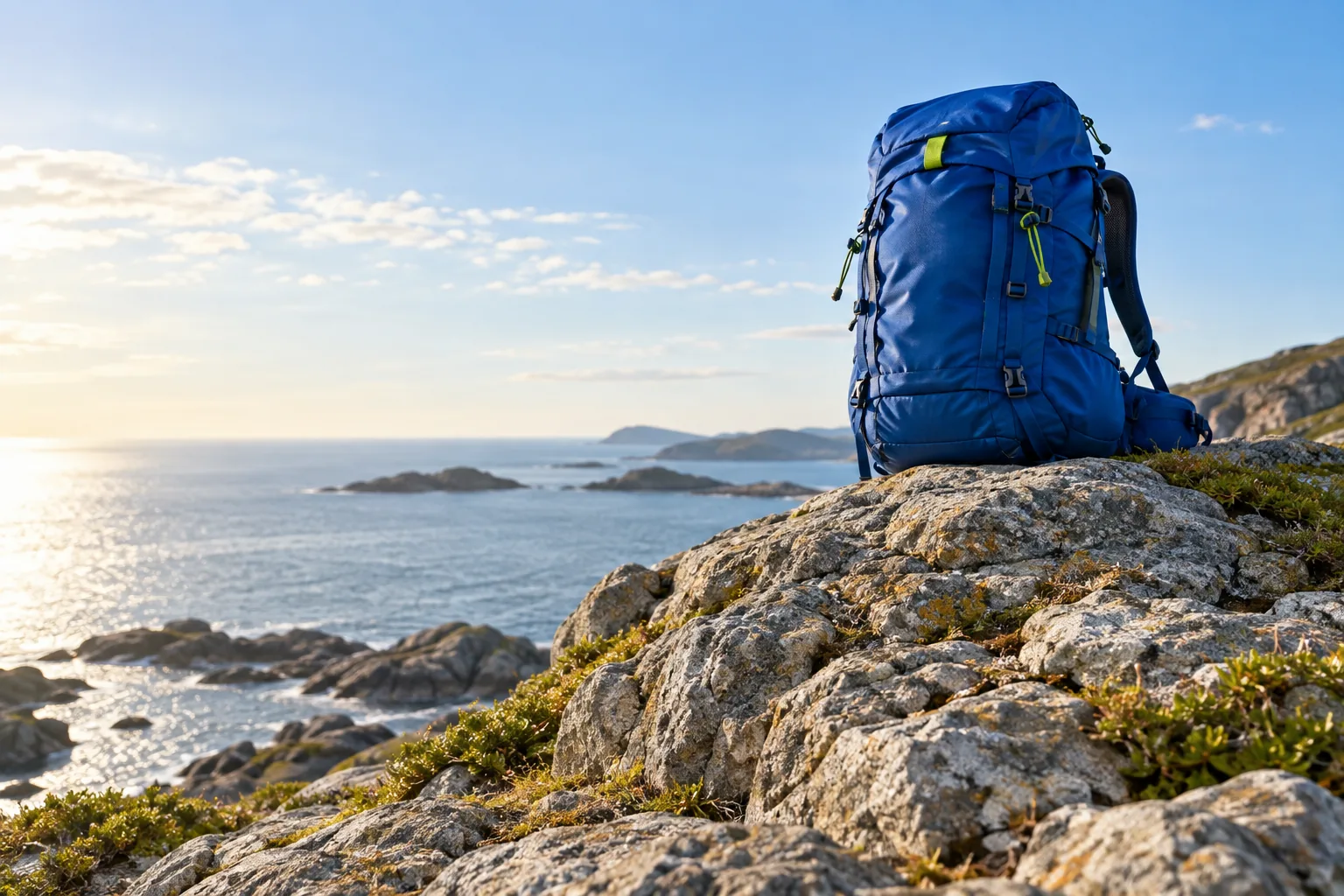 Blue hiking backpack near the top of an open coastal composition.