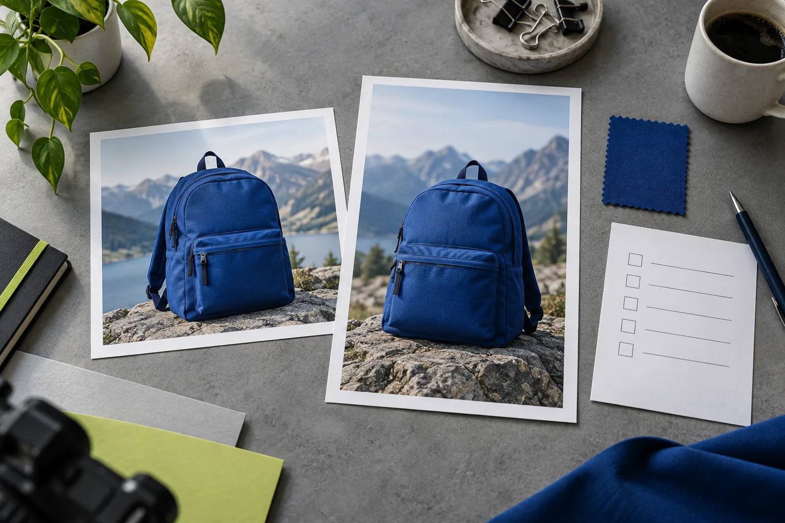 Square and portrait backpack prints beside a matching fabric swatch.