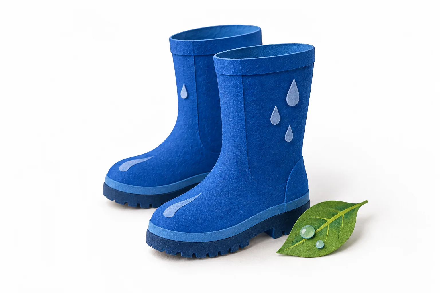 Paper sticker of blue rain boots at a side angle with one green leaf.