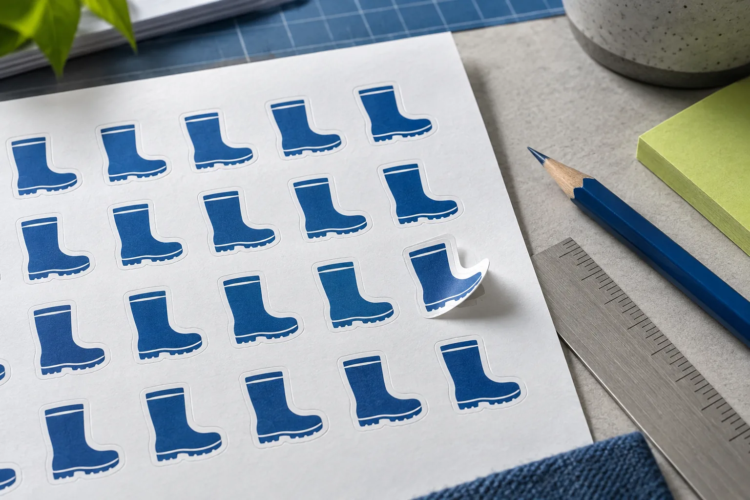 Small blue boot stickers inspected on a white proof sheet.
