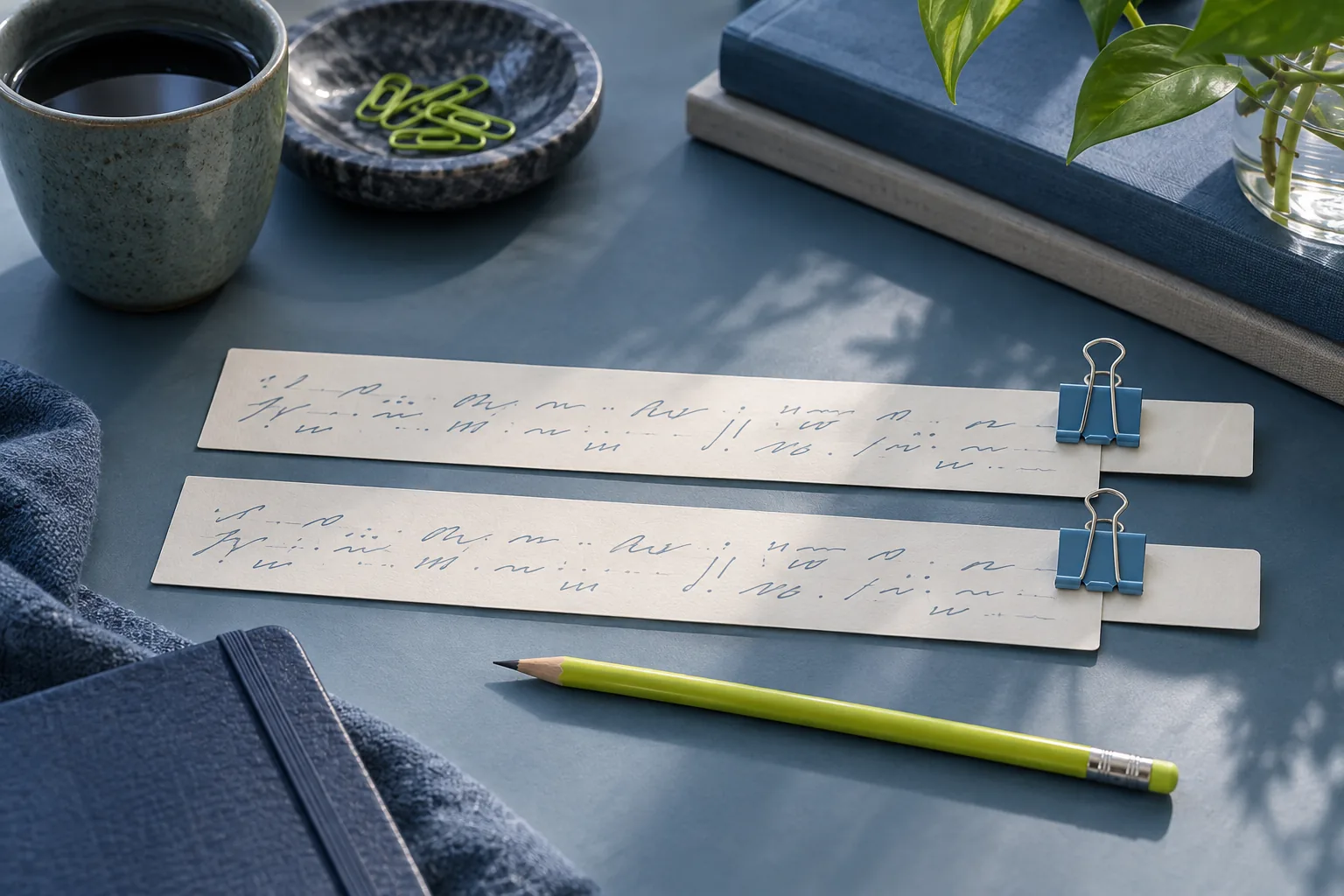 Parallel manuscript strips with matching clips and placeholder tabs