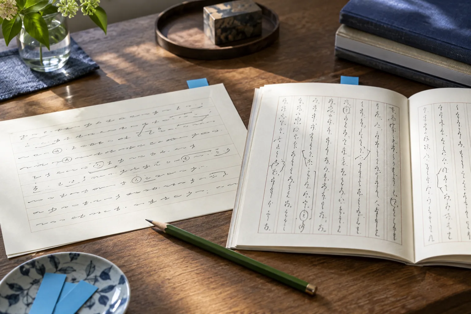 Vertical and horizontal manuscript proofs with matching blue tabs and a green pencil.