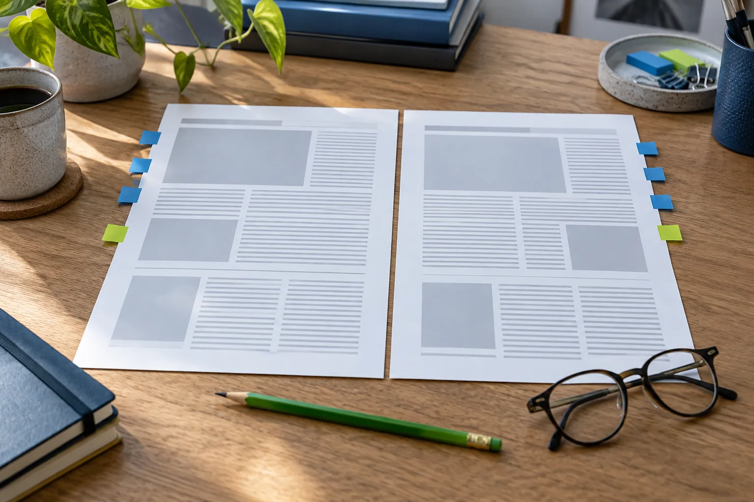 Two translation layout proofs aligned with reusable blue tabs.