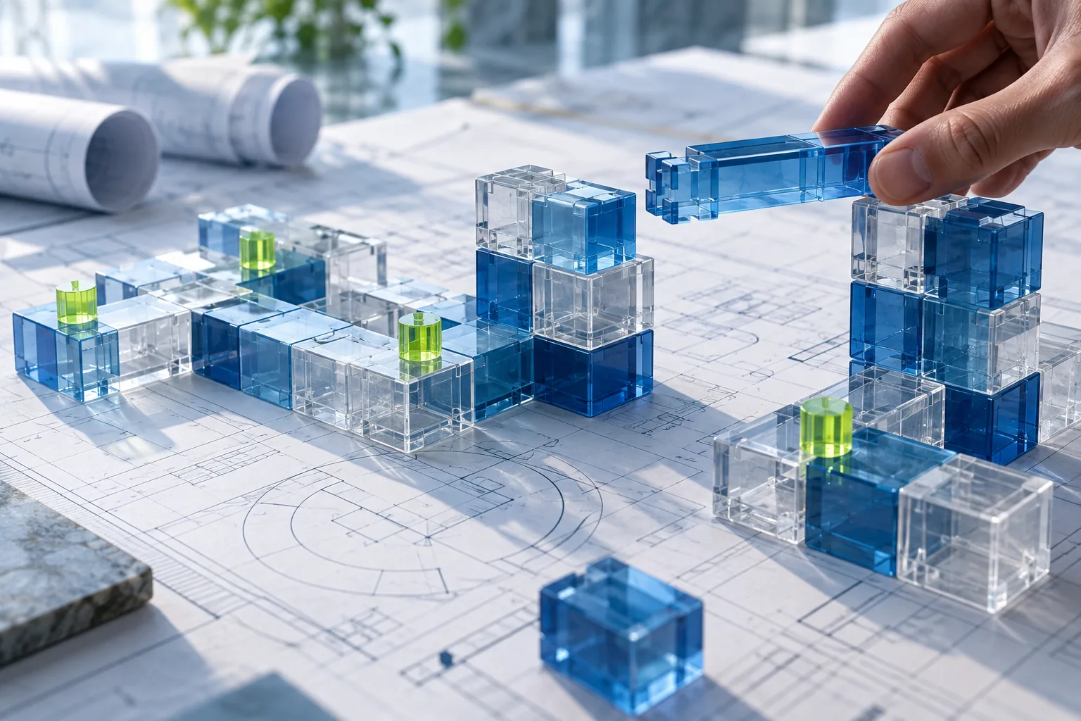 Modular blue and clear blocks with a removable bridge piece