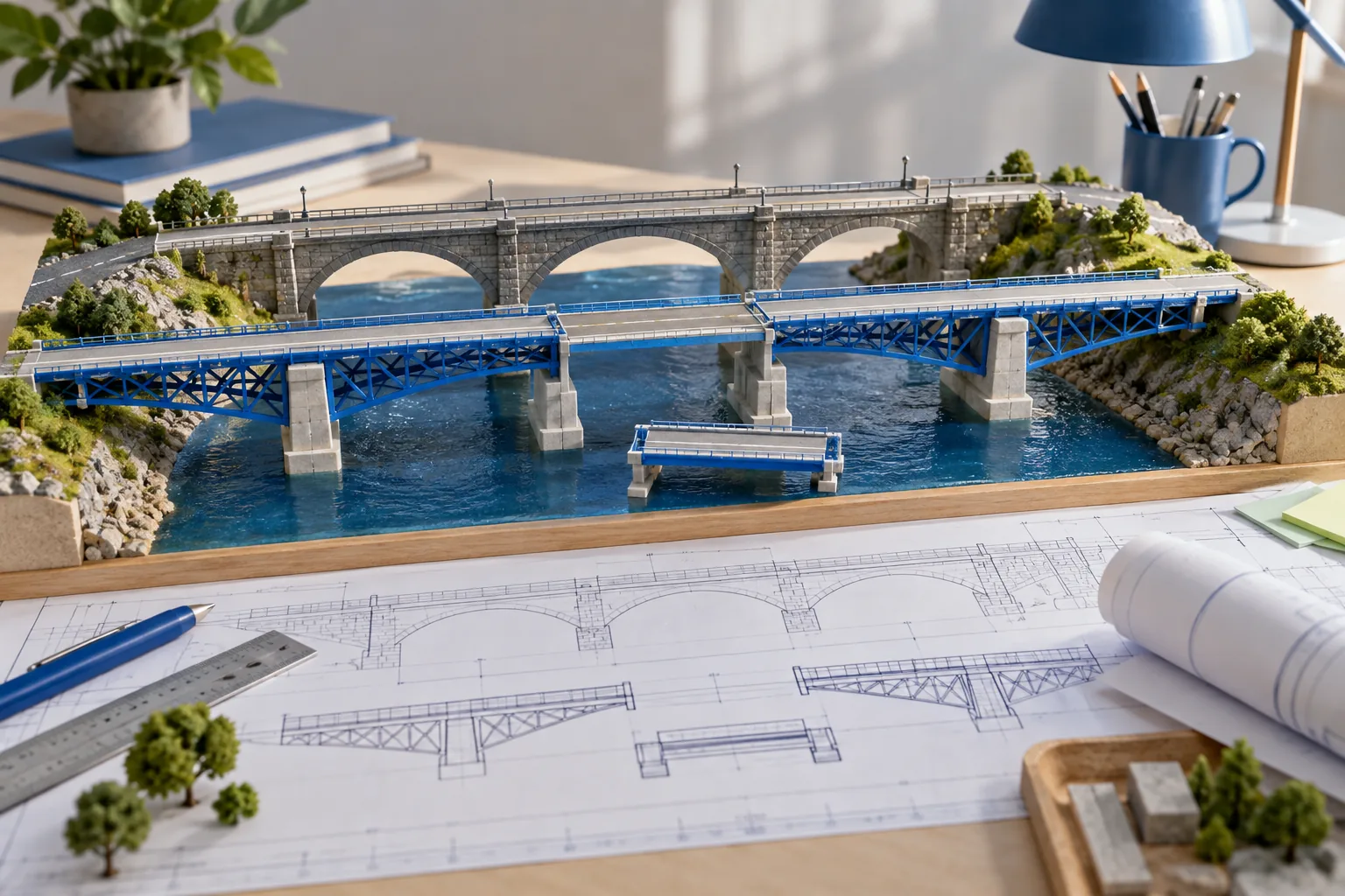 Physical bridge model with parallel supports and a removable connecting section.