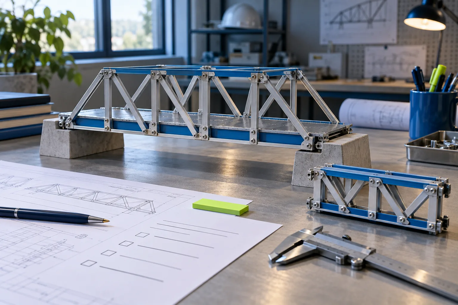 Completed modular bridge model with a retained spare section.