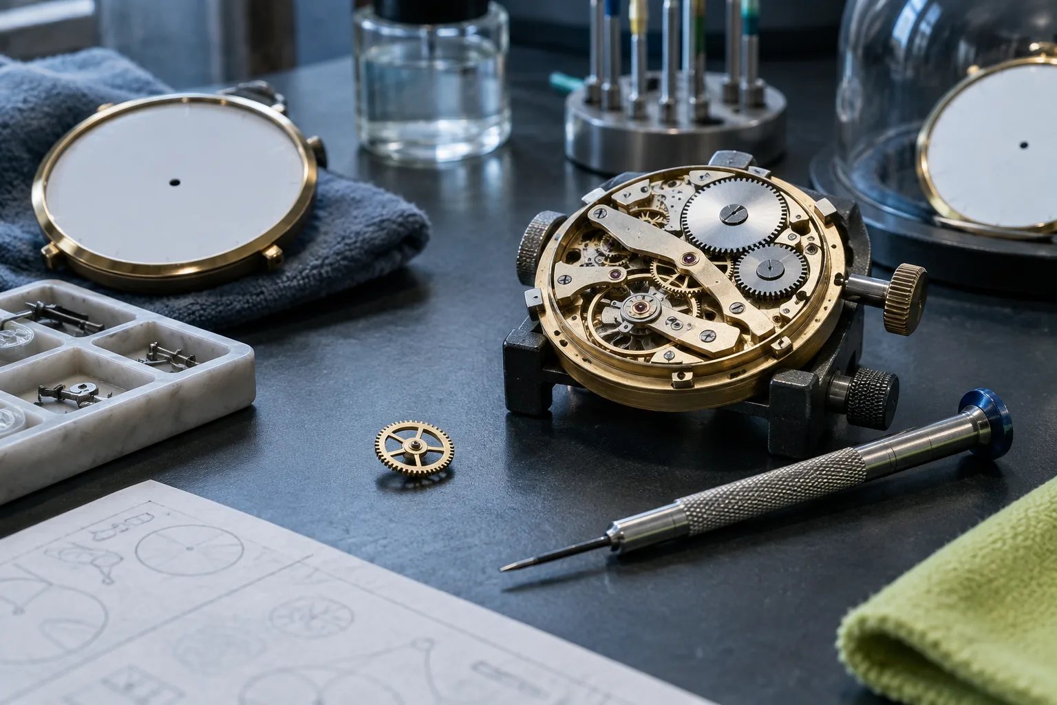 Tiny replacement gear beside an intact clock mechanism