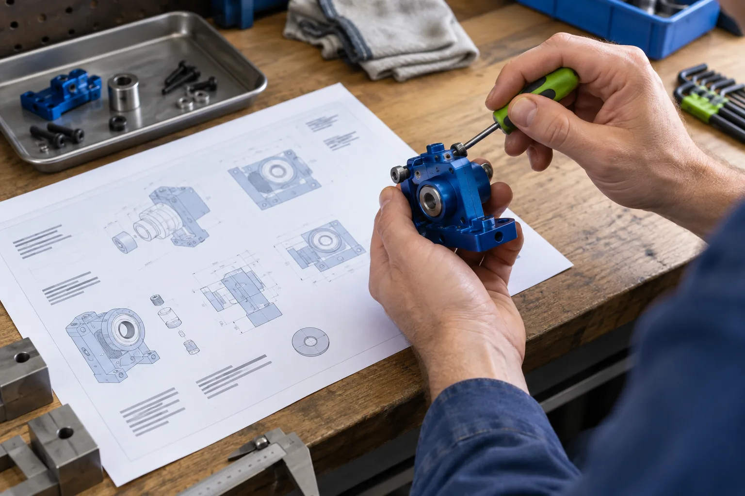 Artisan checks a blue mechanical assembly with a green tool beside an inspection sheet.