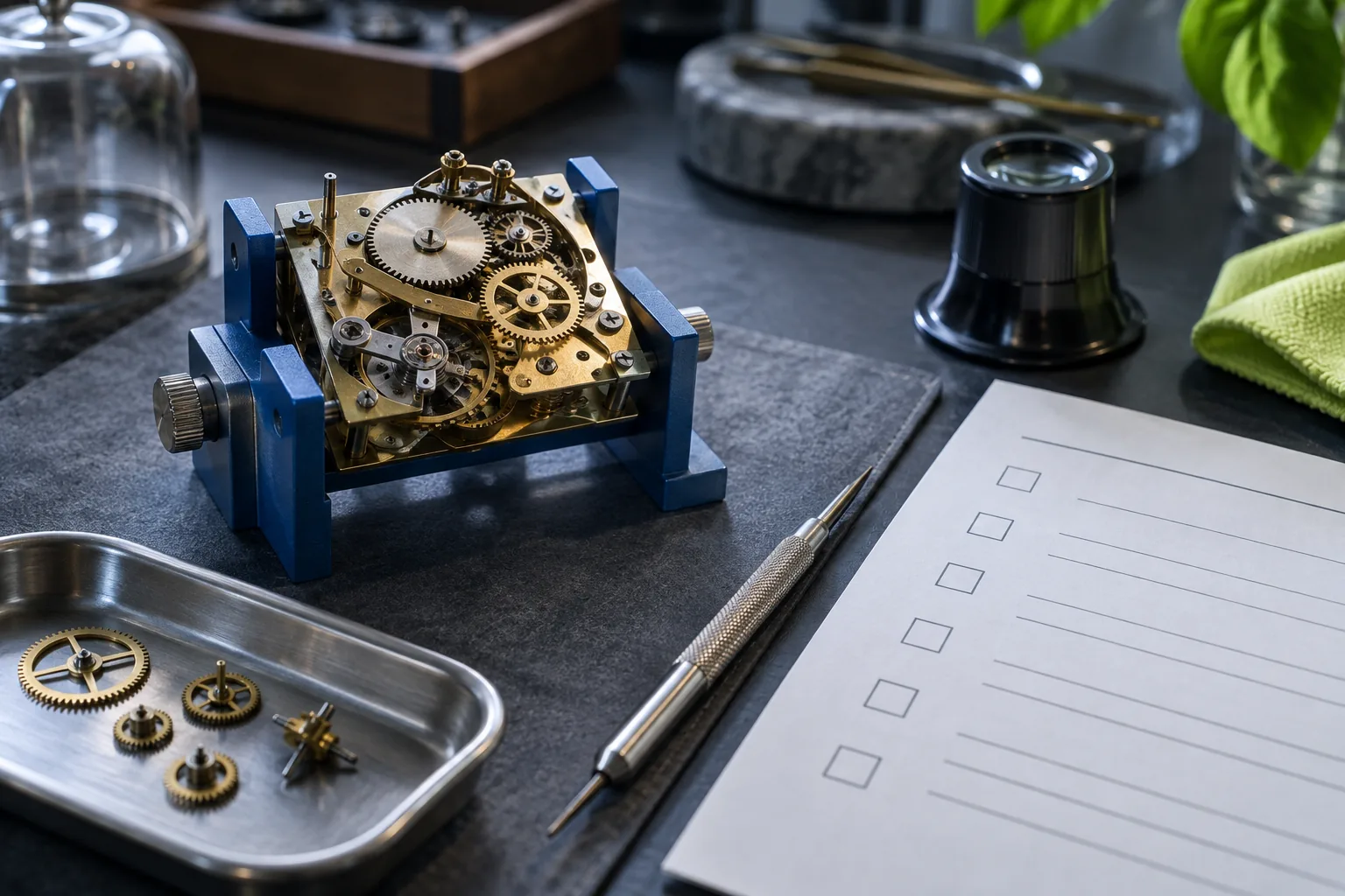Clock mechanism rechecked beside original spare gears and a checklist.