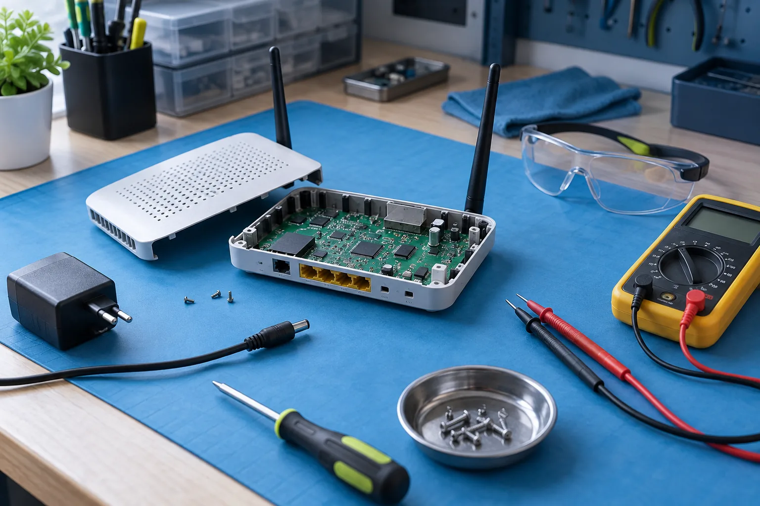 Disconnected router, cable and multimeter on a blue work mat