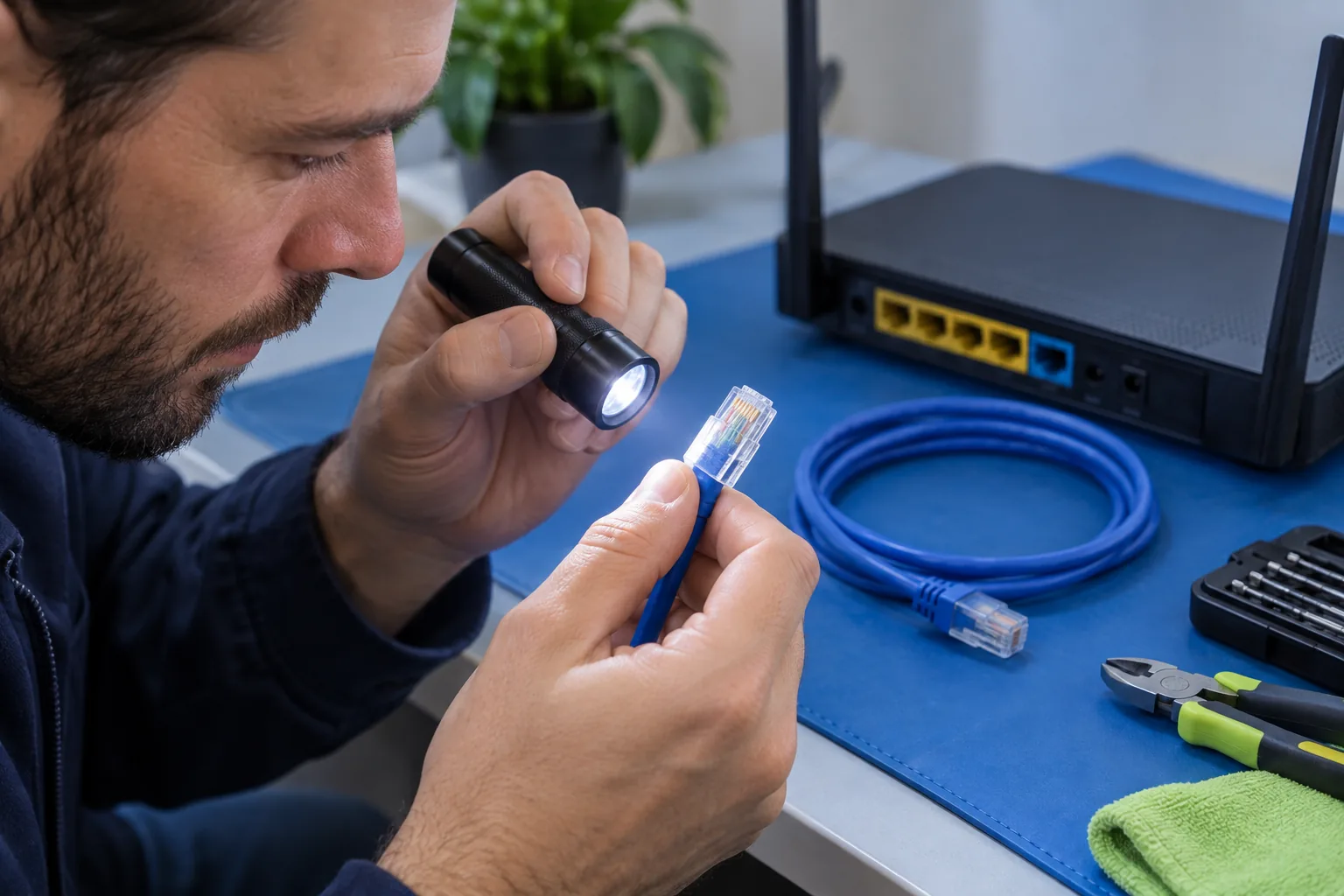 Technician inspects an unplugged network connector over a blue mat.