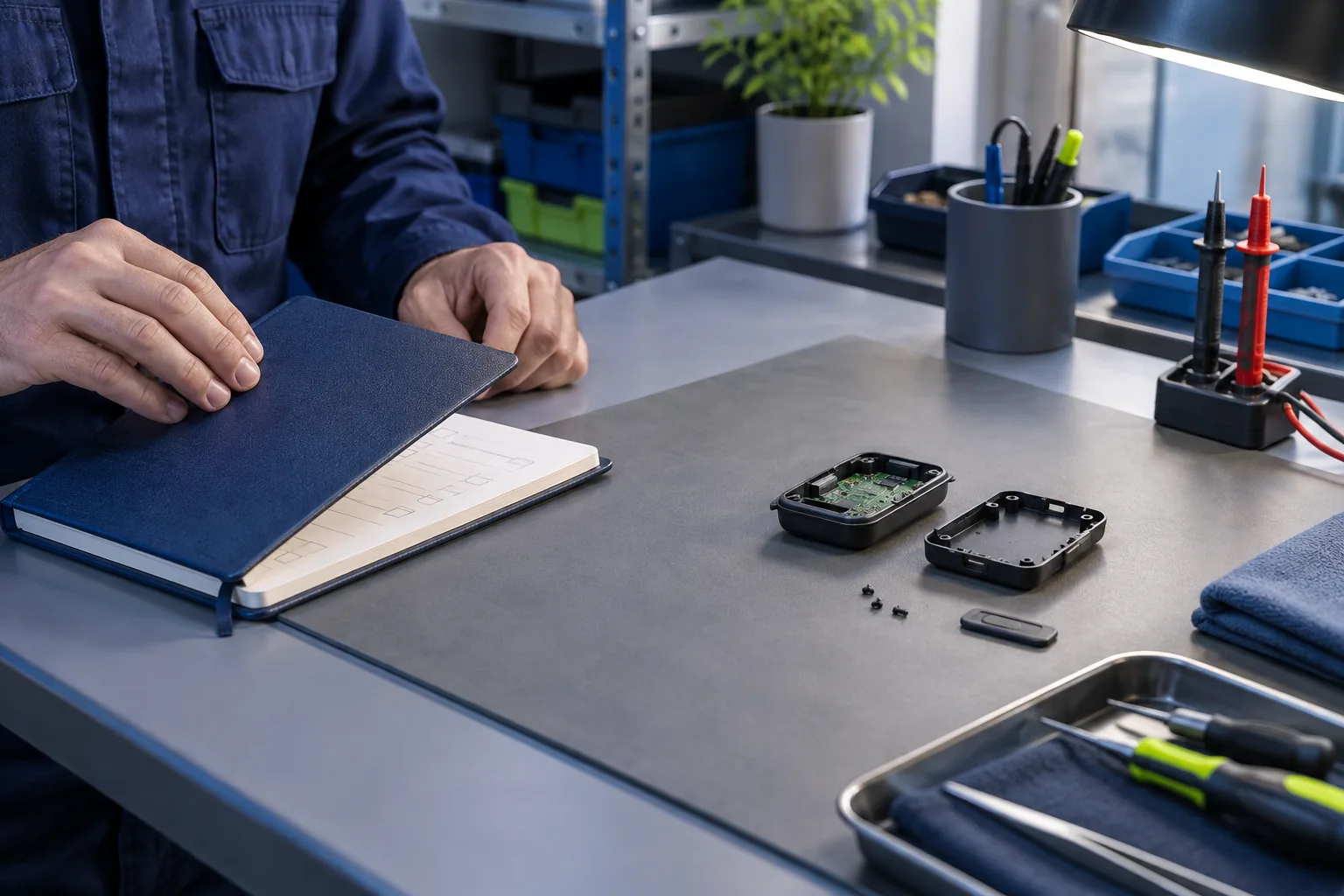 Technician closes an inspection notebook beside a disconnected device.