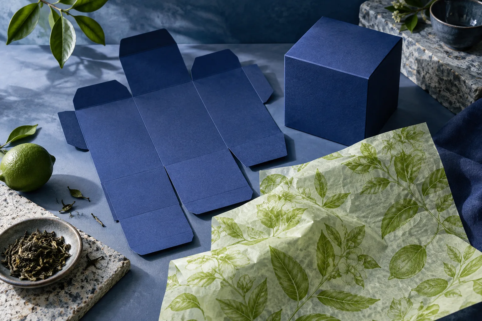 Cobalt tea carton, unfolded packaging and botanical tissue
