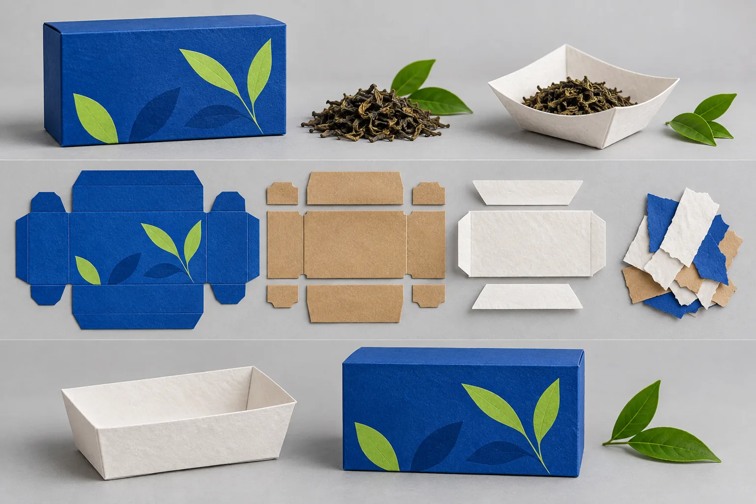 Cobalt tea box, sorted paper pieces and a folded paper tray in three zones.