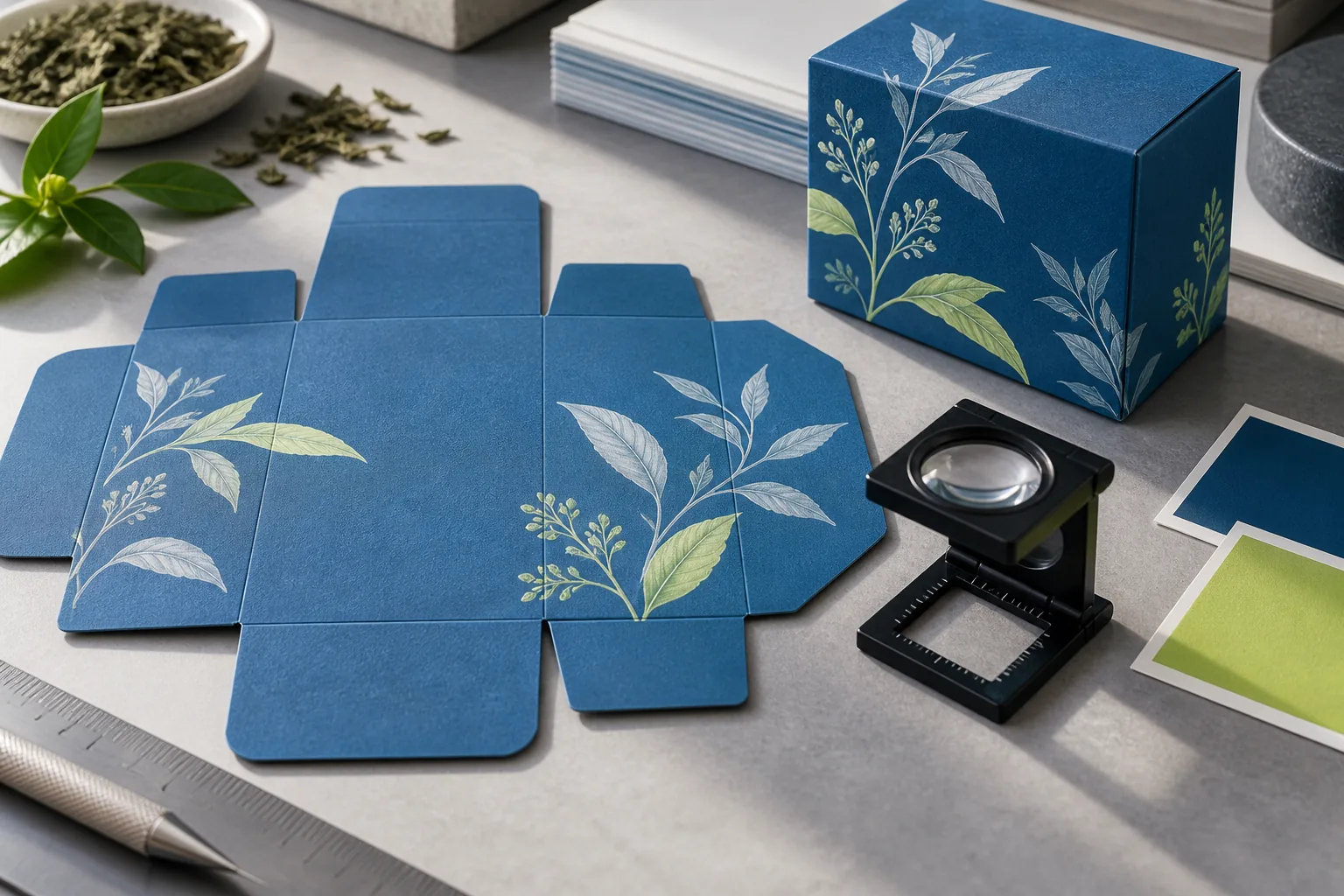 Unfolded botanical tea packaging inspected beside its assembled carton.