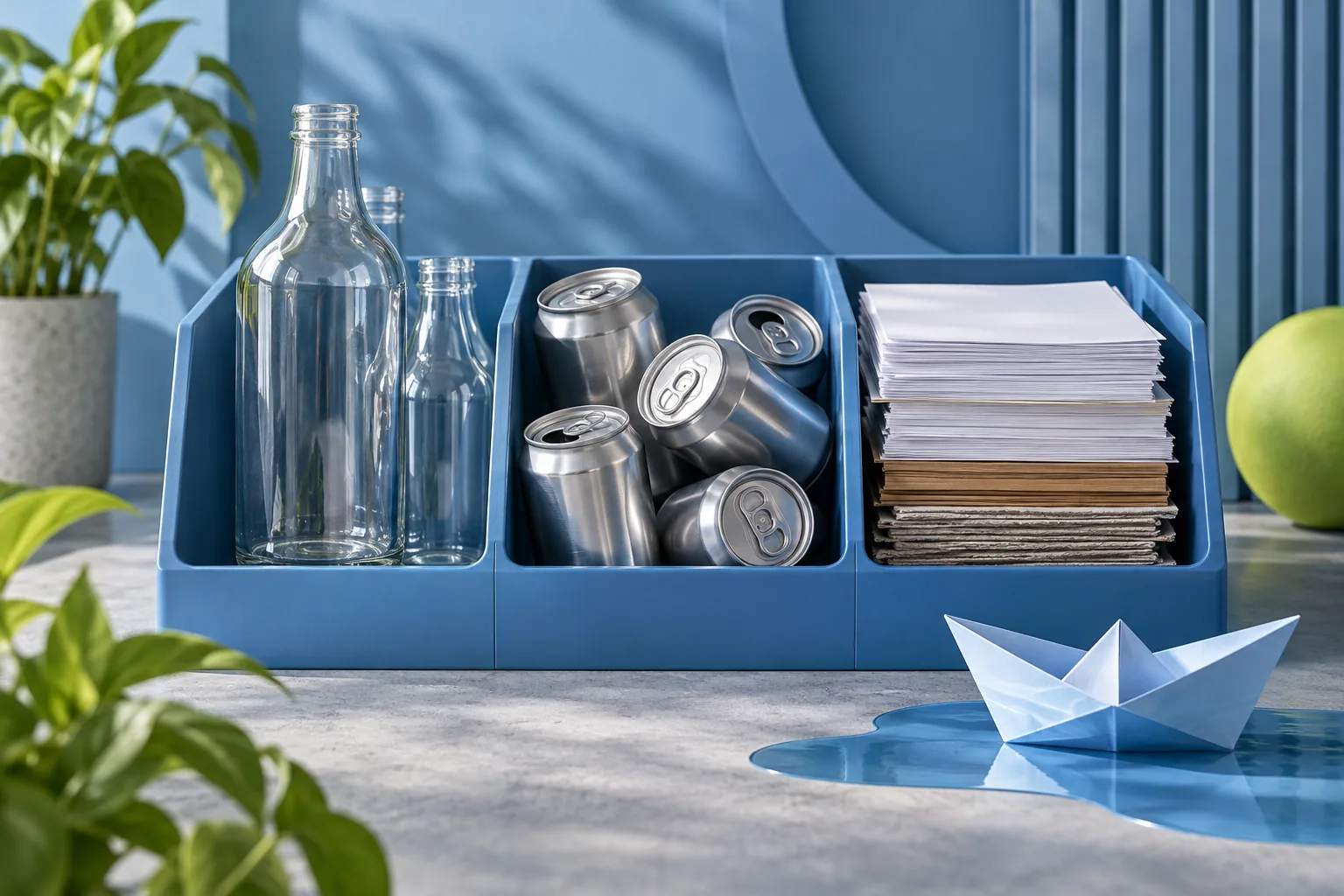 Glass, aluminum cans and paper in separate blue compartments