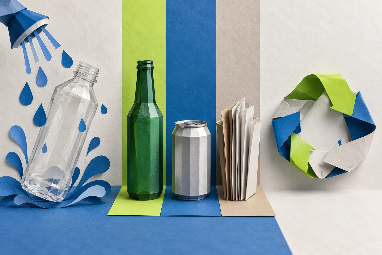 Three paper-art scenes show rinsing, sorting materials and a folded circular form.