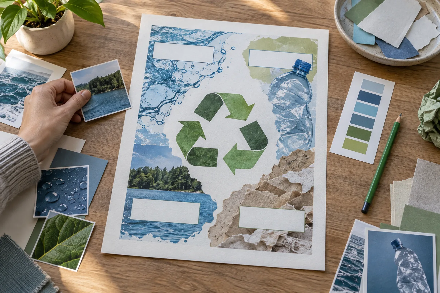 Recycling poster proof with empty captions and reference scraps.