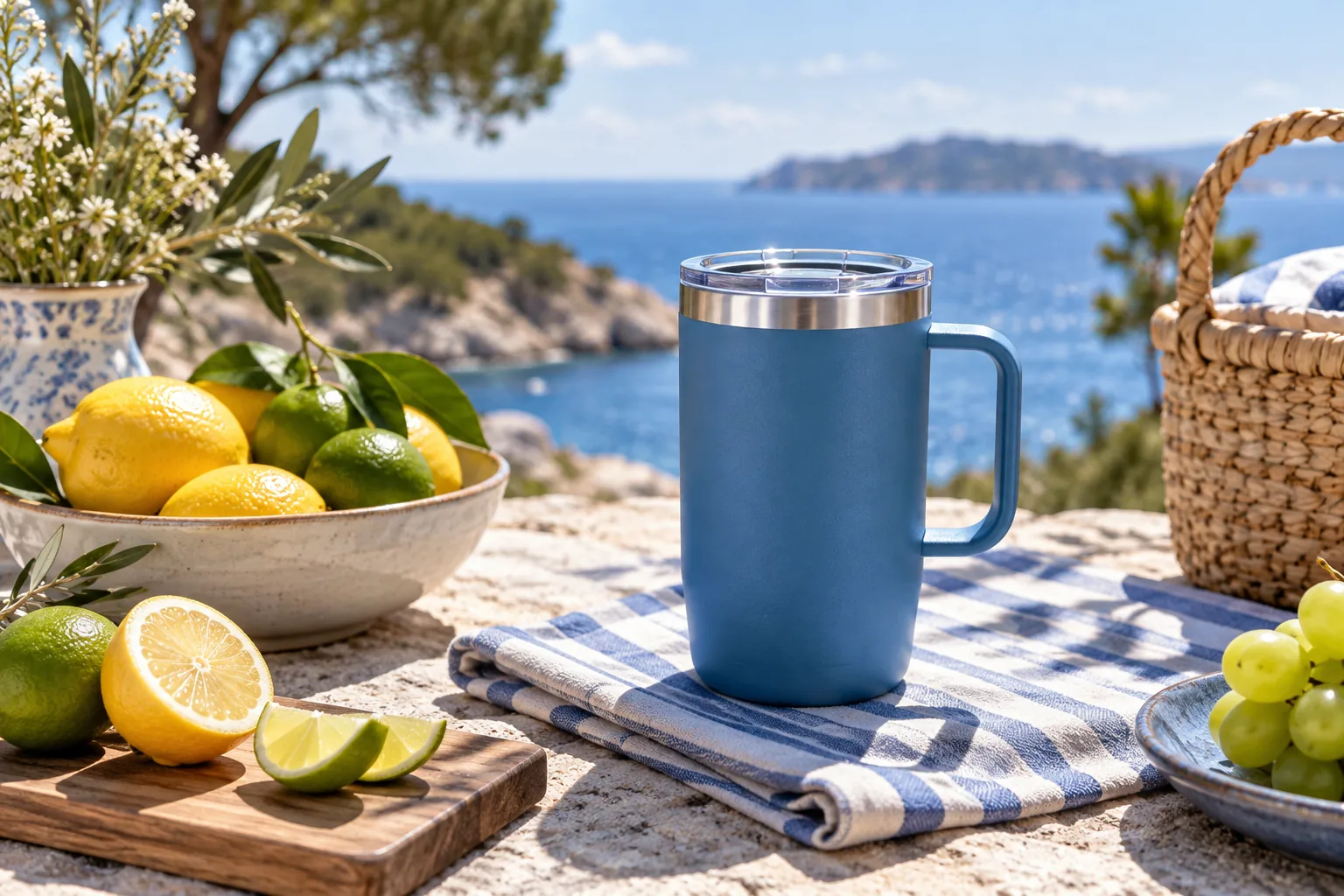 Blue travel mug and citrus on a striped picnic cloth