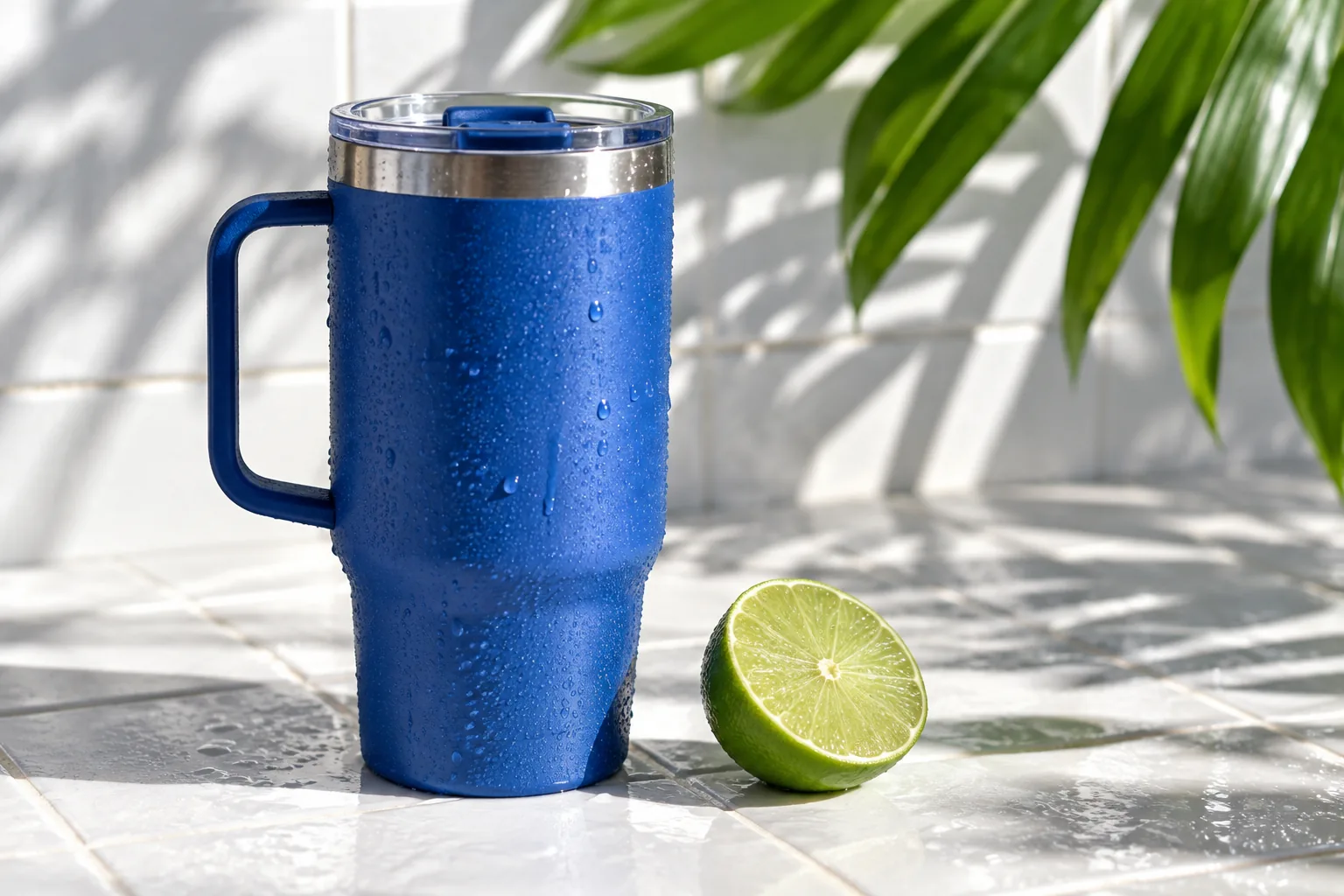 Blue travel mug with condensation beside a lime half on white tile.