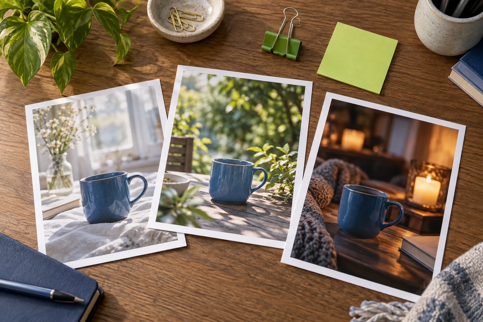 Three blue-mug campaign prints with a green selection clip.