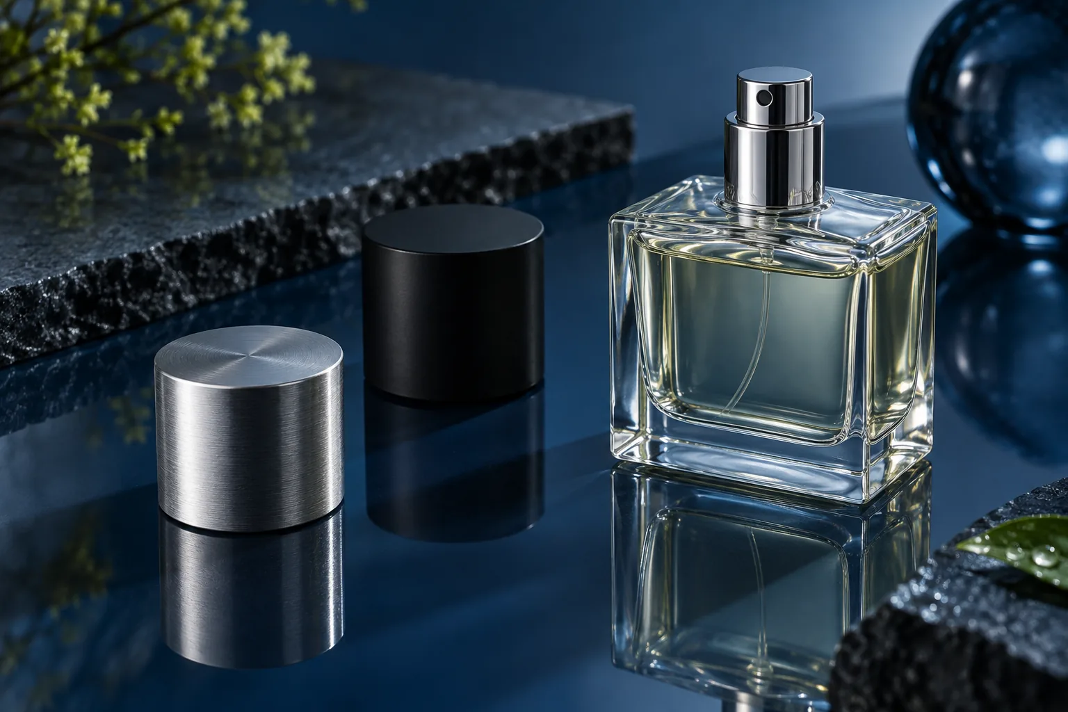 Perfume bottle with brushed-metal and matte-black caps