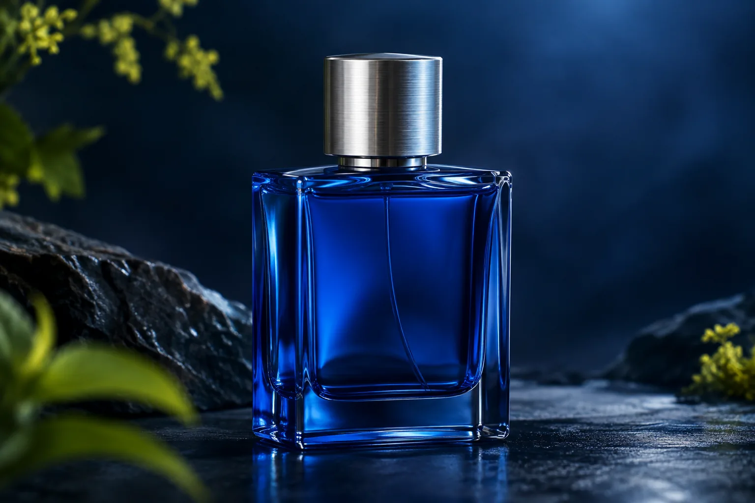 Brushed silver cap on a transparent cobalt perfume bottle.