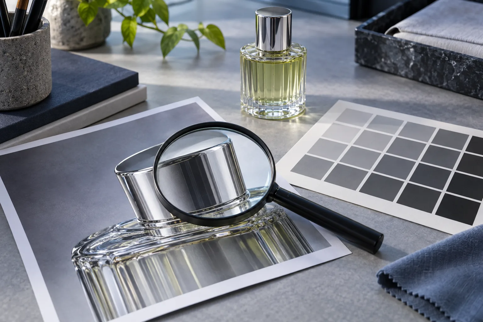 Perfume photograph inspected with a magnifying glass beside the bottle.