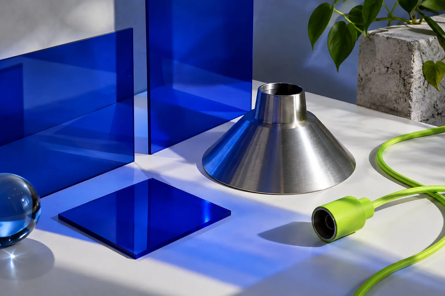 Cobalt acrylic sheets, metal lamp shade and lime cord