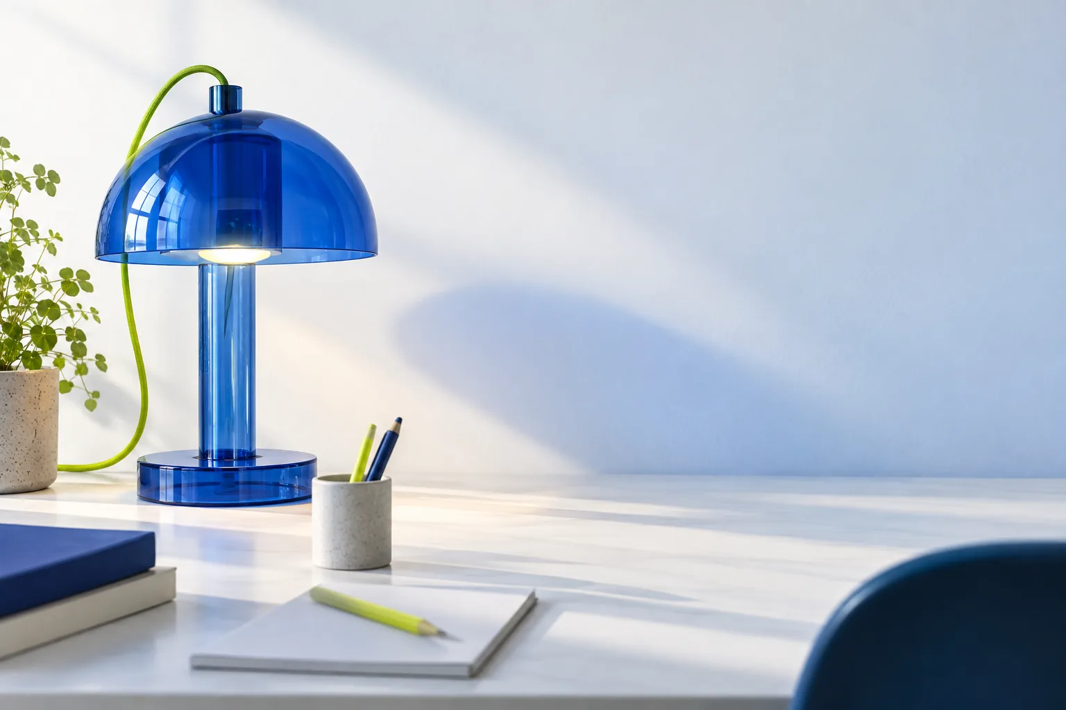 Translucent blue desk lamp and lime cord on the left of a white desk.