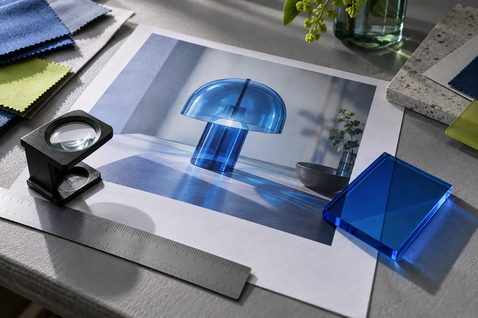 Blue lamp print and acrylic sample under a cool desk light.