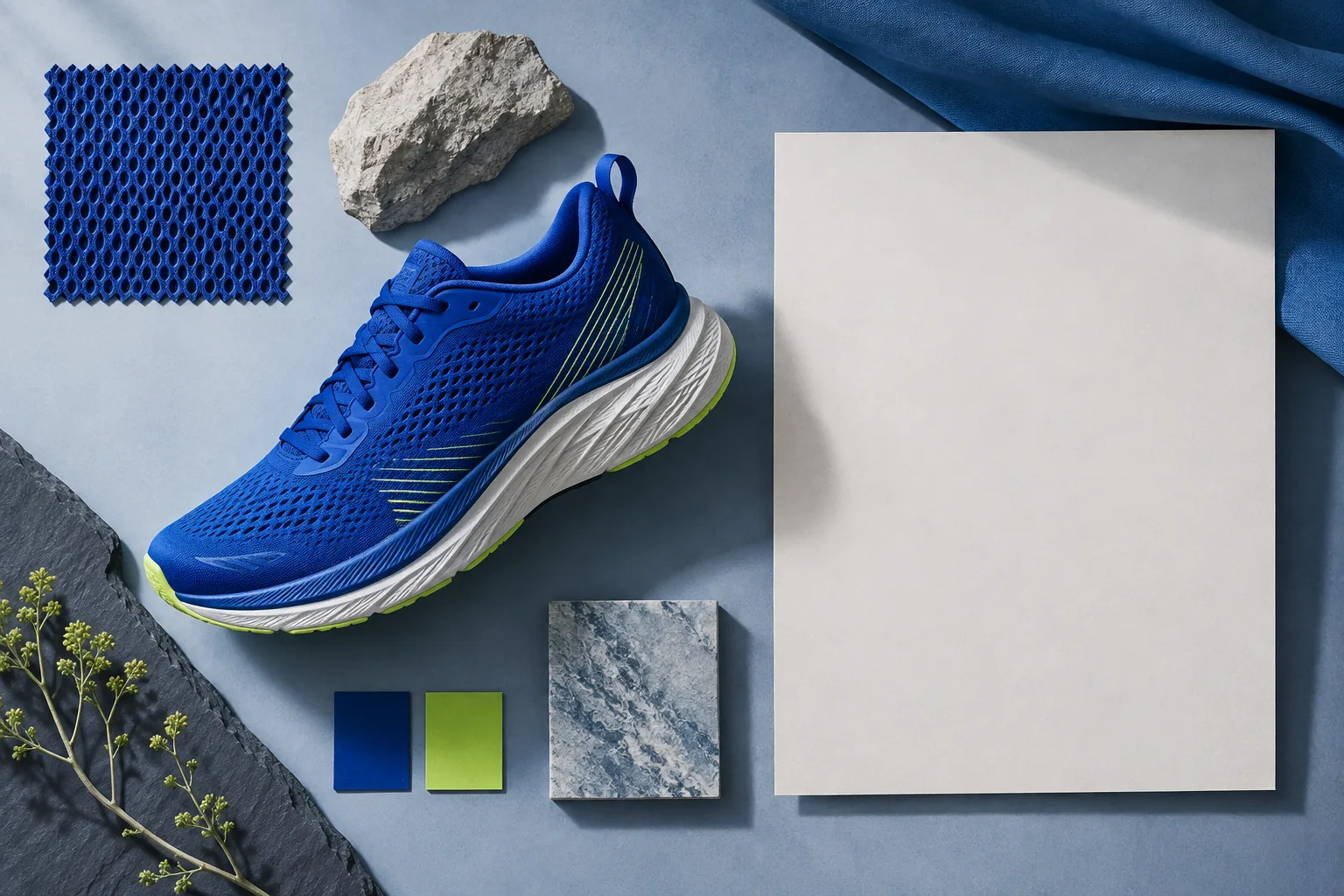 Overhead running shoe, mesh swatch and blank layout sheet