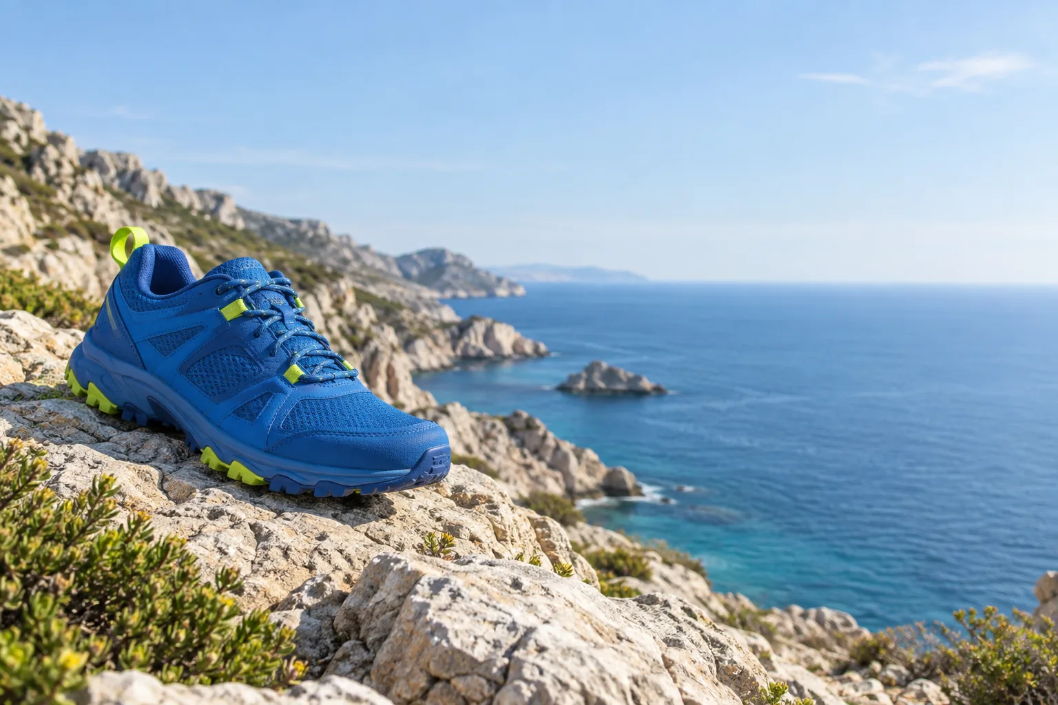 Cobalt trail sneaker on coastal stone with open space to the right.