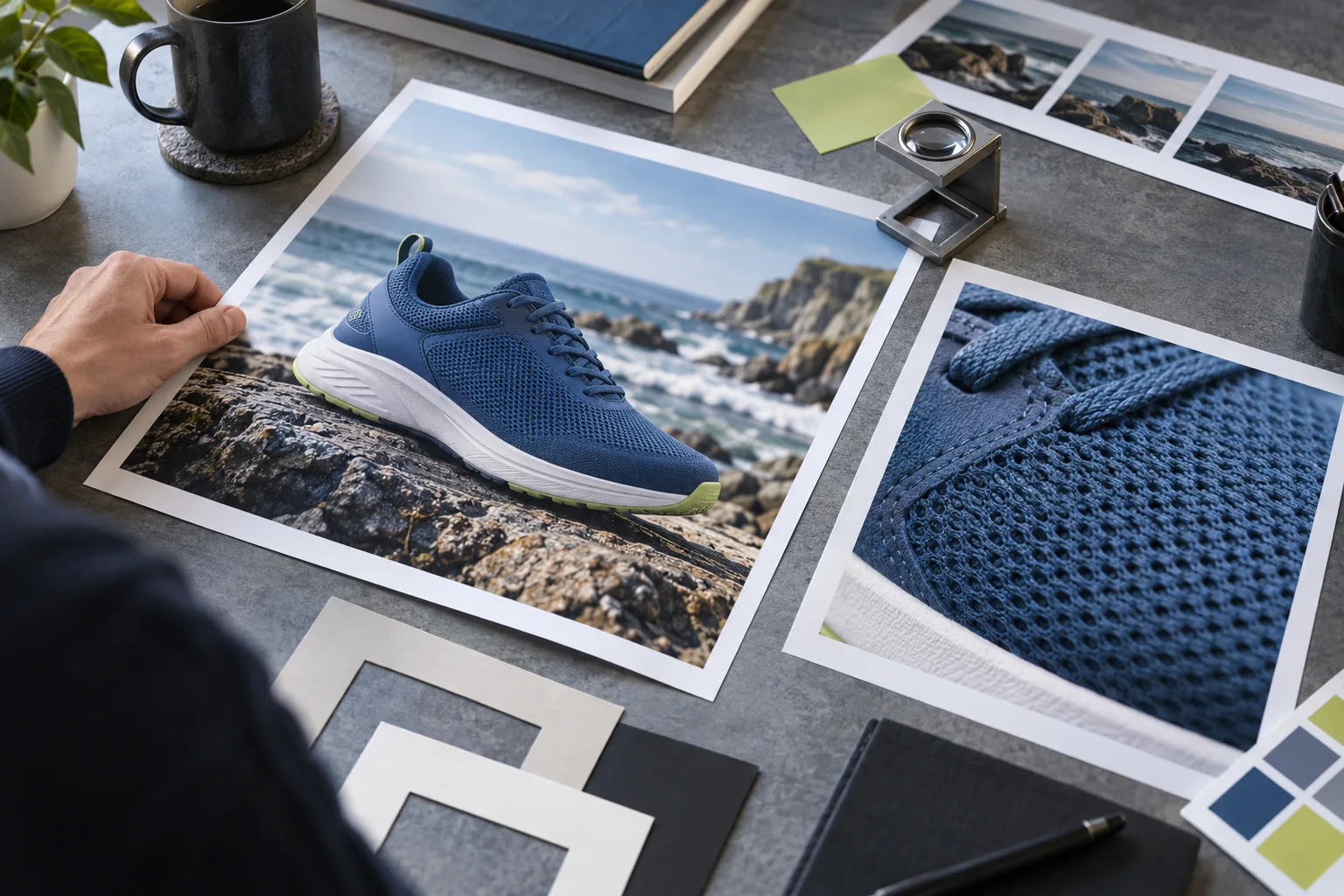 Designer checks a blue sneaker campaign print and mesh detail.