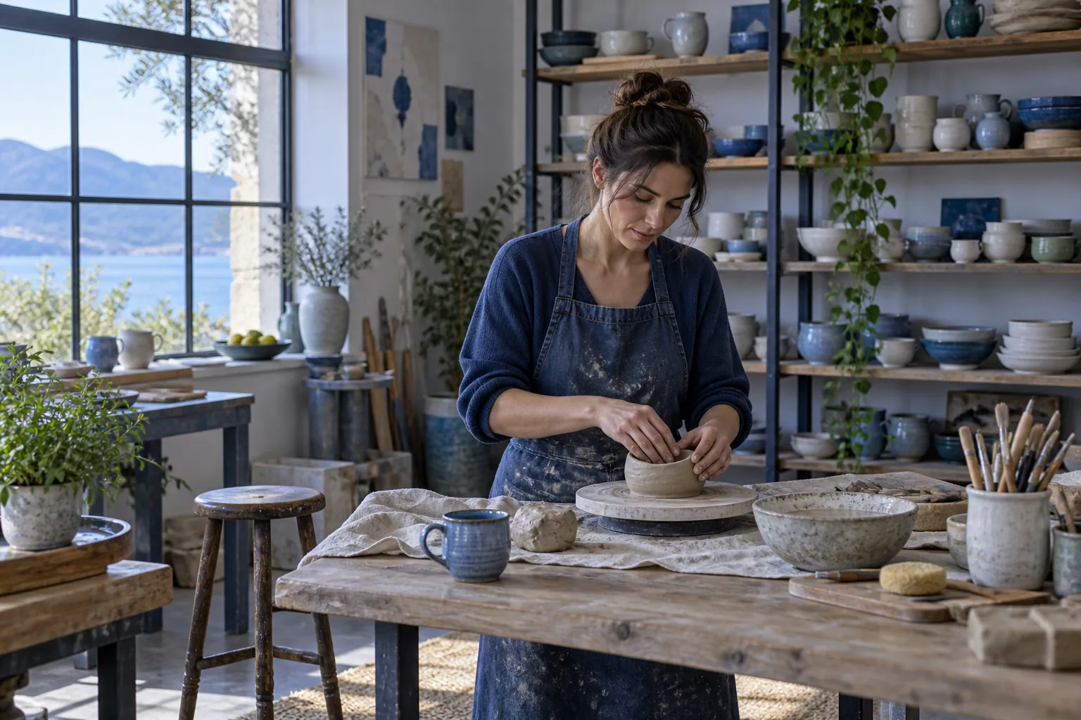 Woman potter working beside a blue cup in an orderly workshop