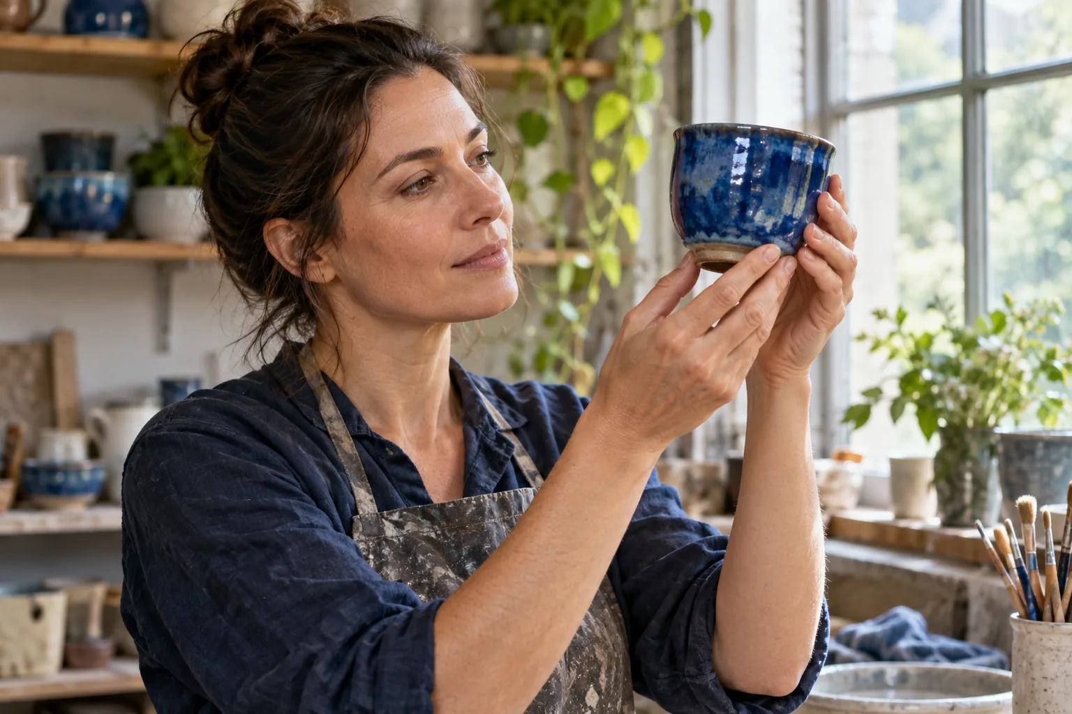 Woman potter inspects a handmade blue cup at eye level by a workshop window.