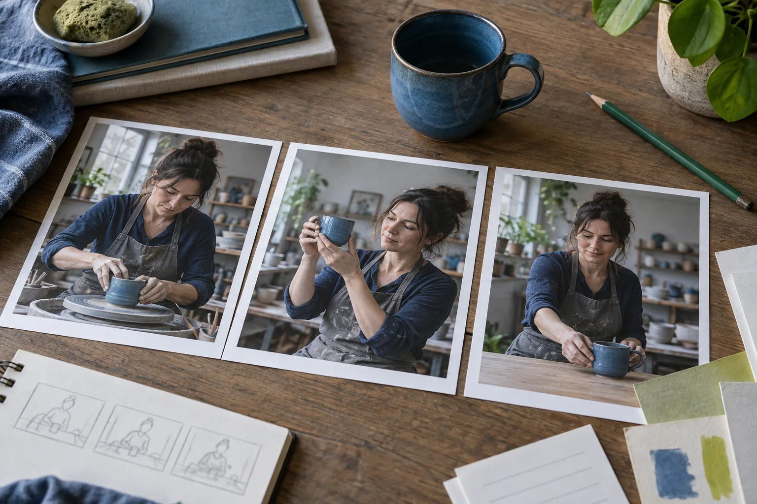 Potter storyboard prints beside the matching blue ceramic cup.